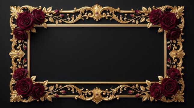 Ornate gold rectangular vintage picture frame decorated with dark red roses