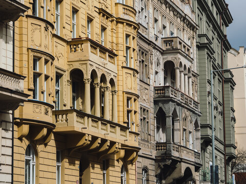 ornate facades of prague buildings
