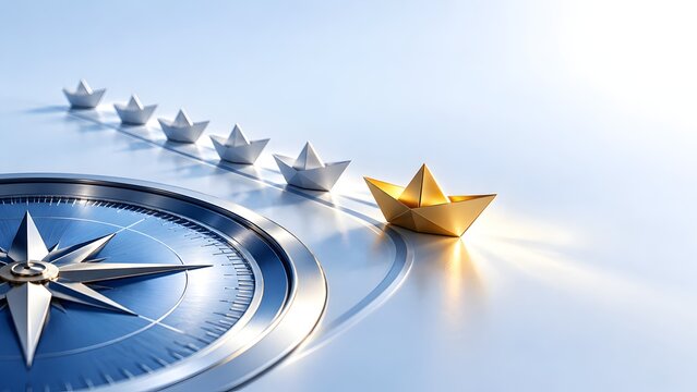 Strategic navigation and leadership concept featuring a large metallic compass guiding a golden paper boat ahead of a white fleet