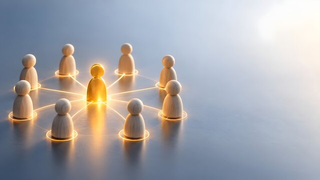 Leadership and networking concept showing a glowing golden wooden figure connecting with a team in a circle