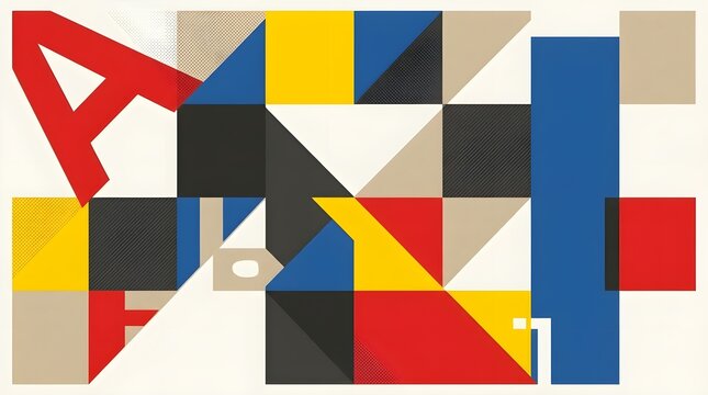 Bold abstract geometric artwork with red, blue, yellow, and black blocks and typography elements.