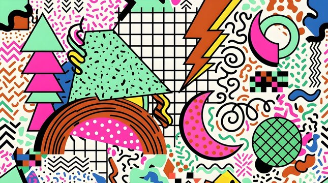 Vibrant 90s memphis style pattern with geometric shapes and bold lightning bolts for retro fashion and funky backdrop.
