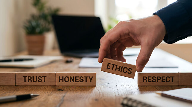 Professional placing block with ETHICS among trust, honesty, and respect values