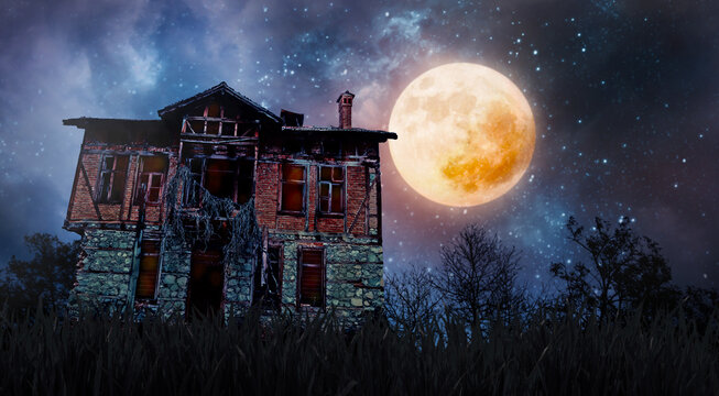 halloween creepy haunted old house and fool moon