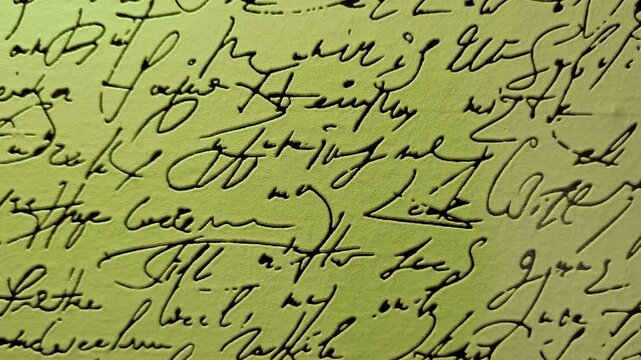 Abstract closeup of vintage cursive handwriting in black ink on an olive green textured background for creative design projects.