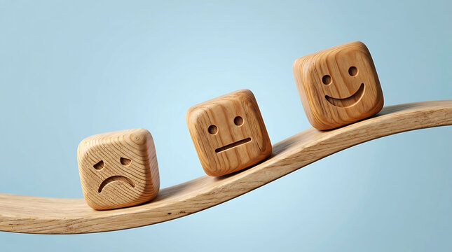 Wooden blocks representing sad neutral and happy emotional states on a curve