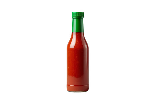 Red hot sauce bottle with green cap isolated