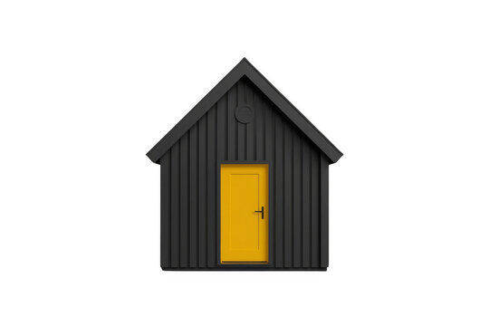 Minimal black house facade with yellow front door isolated