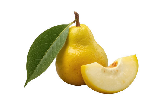 Ripe yellow pear with leaf and sliced wedge isolated