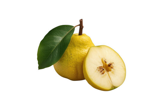 Ripe yellow pear with green leaf and cut half isolated