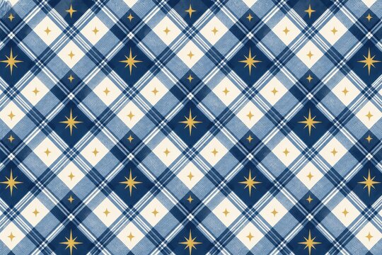 Navy blue diagonal plaid seamless pattern with sparkling stars for winter holiday wrapping paper, fabric textiles, and festive tablecloth design