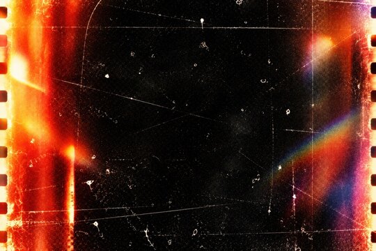 Retro film light leak overlay with scratches dust flare grain vintage noise on black background for cinematic editors