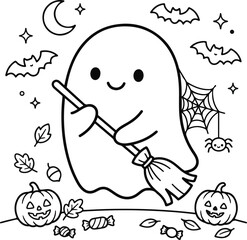 Obraz premium Cute ghost holding a broomstick with pumpkins and bats, halloween coloring page for kids