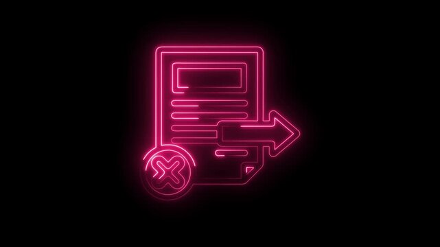 Neon pink document rejection cancel export arrow icon animation on black background abstract