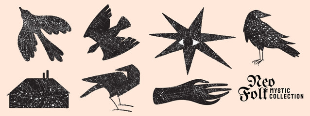 Obraz premium Mystical neo folk vector silhouette collection with raven, flying birds, hand, house and star in grainy linocut texture style