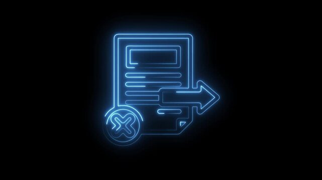Glowing blue neon document icon with a cross mark and a right arrow signifying rejection or