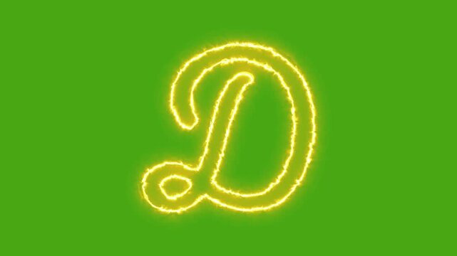 Neon letter d animation, glowing yellow cursive alphabet character on green screen background
