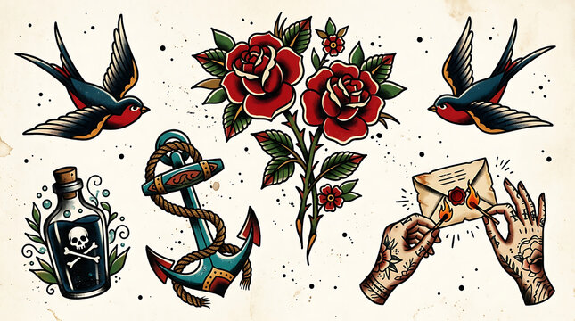 Traditional Old School Tattoo Flash Set Featuring Swallow Birds Roses Anchor Poison Bottle and Hands Holding Envelope