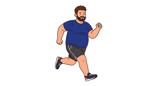 Overweight Man Jogging for Fitness and Health Cartoon Illustration Isolated on White Background