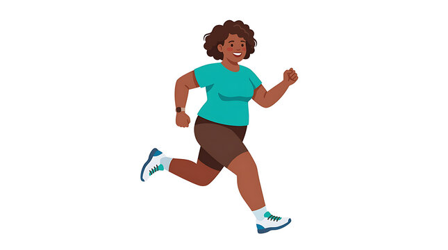 Vector illustration of a happy plus size black woman running and exercising isolated on white background