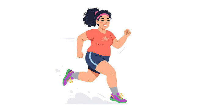 Plus Size Woman Jogging and Exercising Vector Illustration Isolated on White Background
