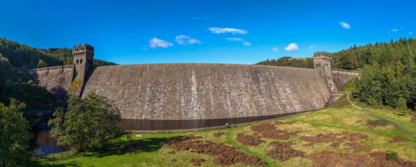 Aerial Panorama of Derwent Dam Wall and Gothic Valve Towers in Peak District, UK.  © bardhok
