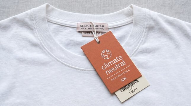 Close up of a white t shirt with a climate neutral tag and a smaller price tag showing 38 00 indicating ethical fashion tshirt white tshirt sustainable clothing apparel label retail product