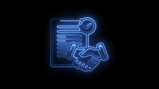 Neon blue handshake icon with contract document and checkmark symbol representing agreement