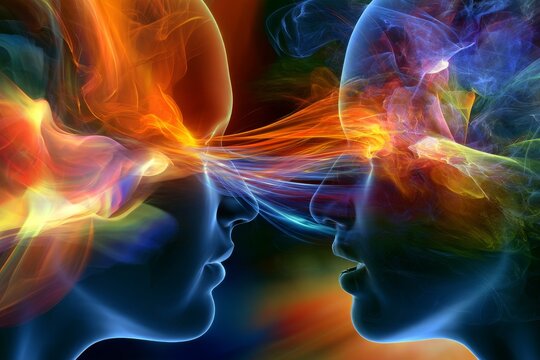 Two Human Profiles Connected by Colorful Light Energy