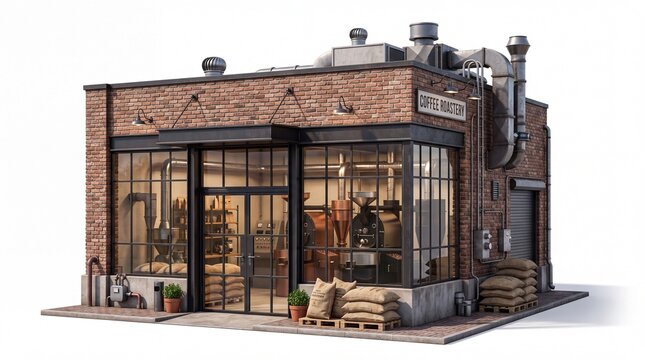 Industrial Brick Coffee Roastery and Cafe Building 3D Render.
