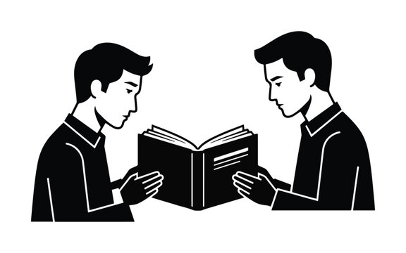 Silhouette of two men reading a book together with study session sharing knowledge book icon studying together two people academic success study group book reader