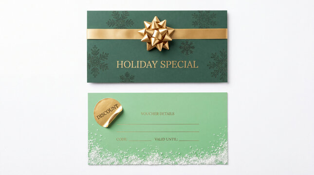 Green holiday gift voucher mockup with golden ribbon bow and round discount sticker on white background