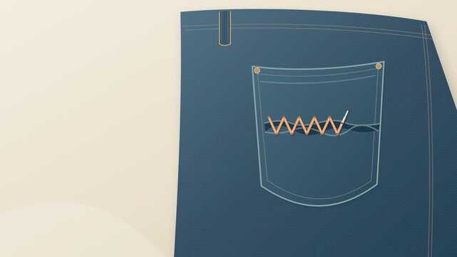 Visible mending animation of repairing a tear in blue denim jeans with a needle and thread