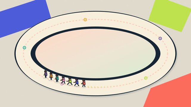 Animated people walking in single file around an oval track with copy space for social media or fitness concepts