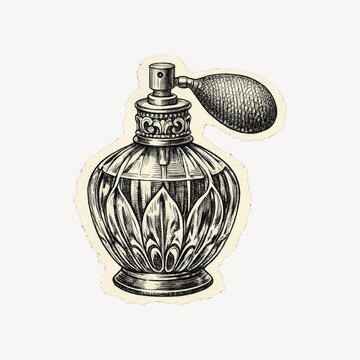 Vintage illustration of an ornate perfume bottle with a bulb atomizer.