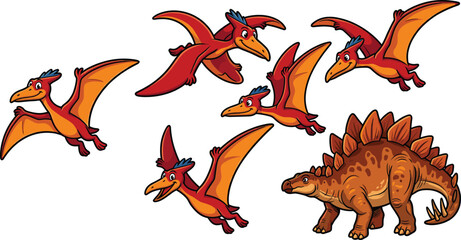 Colorful Dinosaur Vector Set Featuring Flying Pterodactyls and a Detailed Stegosaurus in Prehistoric Action Poses © Mustak