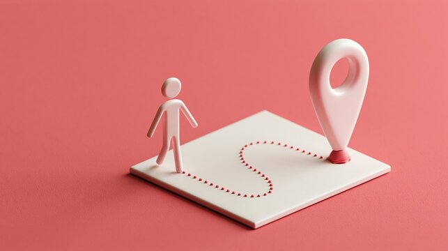 Human figure following dotted path on square map tile toward location pin, conceptual navigation and destination achievement