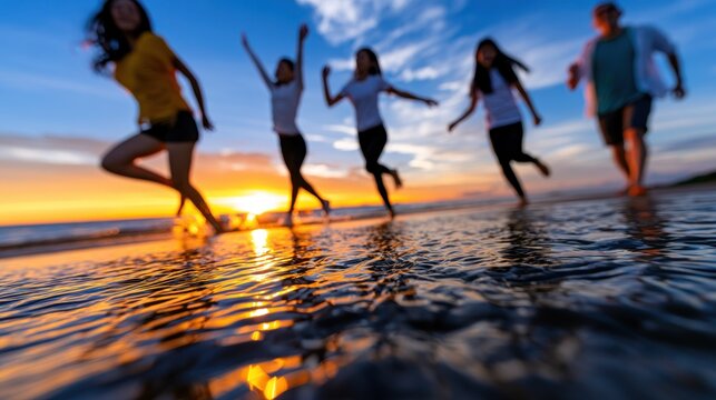 People running on beach during sunset with reflection