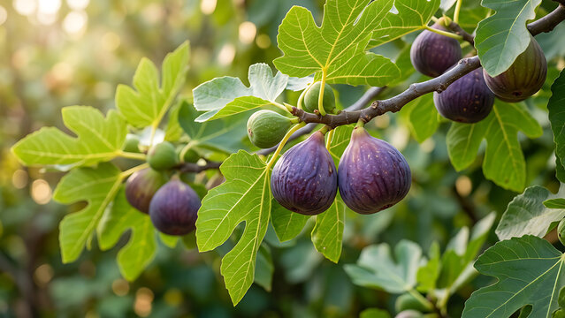 Fresh organic purple figs ripening on a sunny tree branch