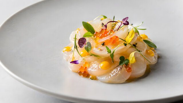 Fine dining seafood appetizer featuring thinly sliced raw scallop carpaccio with microgreens and edible flowers on a white plate