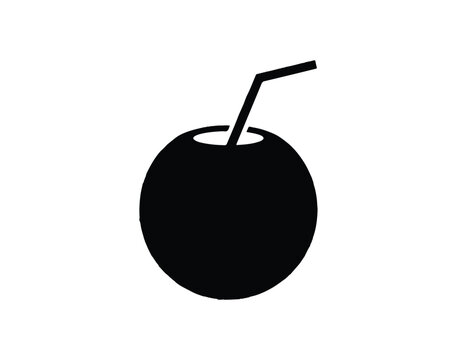 Minimalist black silhouette icon of a whole coconut with a drinking straw summer drink tropical fruit tropical beverage silhouette refreshment cocktail isolated