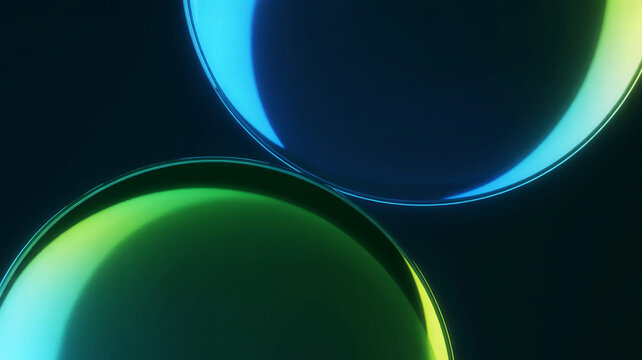 Minimalist composition of two intersecting circular elements with glowing neon blue and green light edges as PNG asset