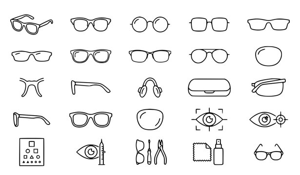 Glasses and optics icons, eyewear and vision symbols vector set