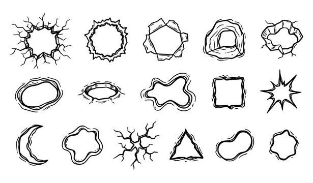Black and white hand drawn hole and opening illustration collection in sketch vector style