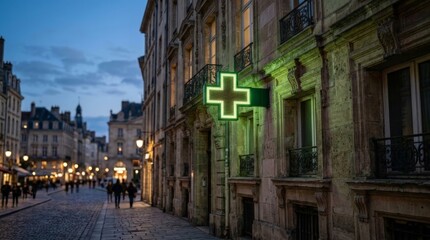 Fototapeta premium An illuminated green pharmacy cross sign glows against an old European stone building along a cobblestone street at dusk, casting a vibrant light, underscoring the green light