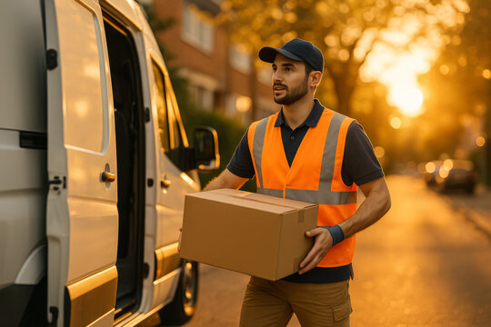 Courier carries cardboard parcel beside open van at sunset