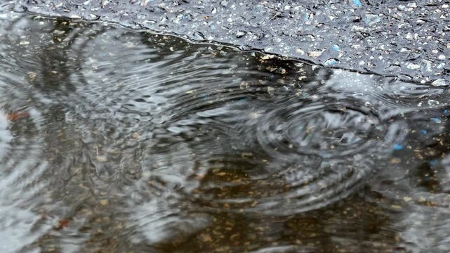 Close-up of rain falling on a shallow puddle on the road surface, creating ripples and abstract reflections in wet asphalt.