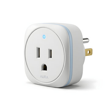Modern white smart power plug adapter featuring a glowing blue indicator light for home automation