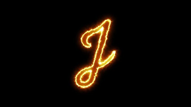 Glowing letter j written in fire, animated burning alphabet character on black background, flame