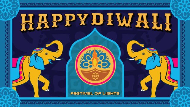 4K looping video: two yellow folk elephants flank a cyan arch with glowing diya lamp under golden Happy Diwali text on dark blue background. Ideal for festive video banners, and promo ads.
